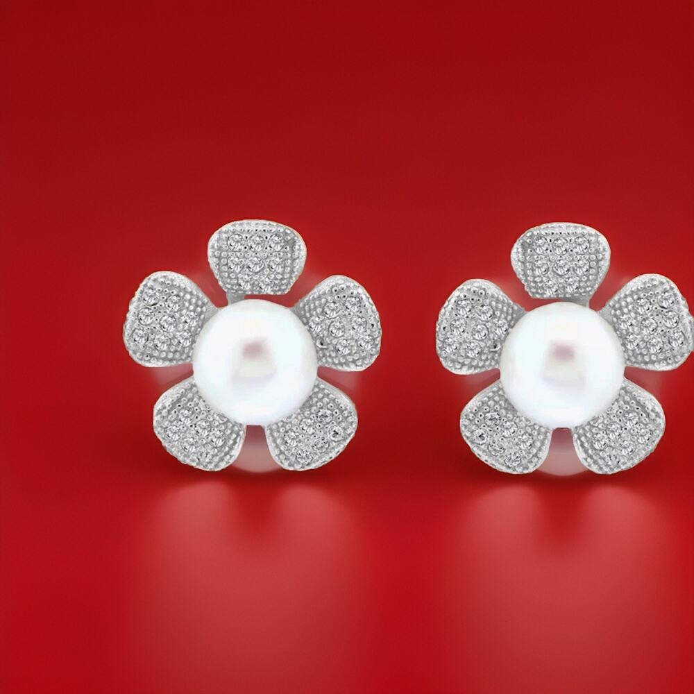 NEW! Effy Sterling Silver Pearl Flower 🌺 Earrings W White Topaz Accents / $220